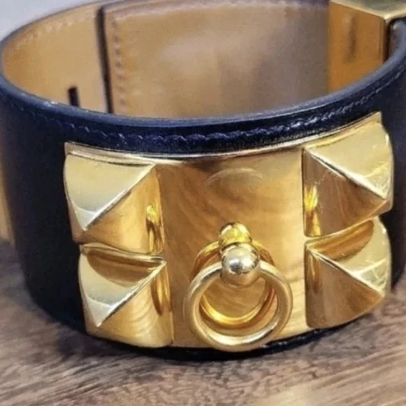 Hermés Collier de Chien Yellow Gold Plated Studded Leather Adjustable Bracelet - Picture 3 of 15